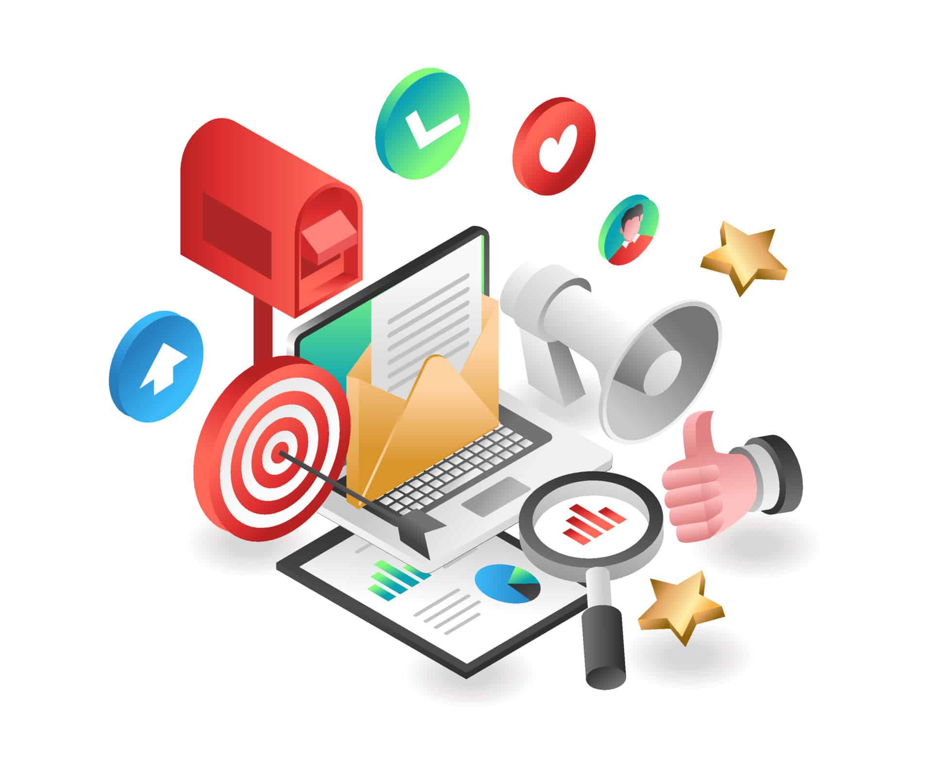 Flat isometric illustration concept. digital marketing strategy email campaign